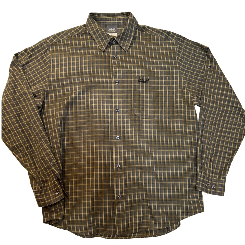 Jack Wolfskin Outdoor Mens Plaid Button Down Shirt Olive Yellow 18234 ET L